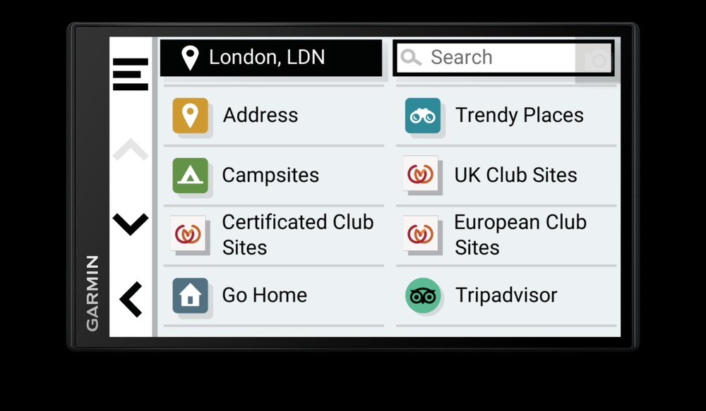 The Avtex Tourer Three showing its campsite and POI search menu, including UK and European Club Sites.