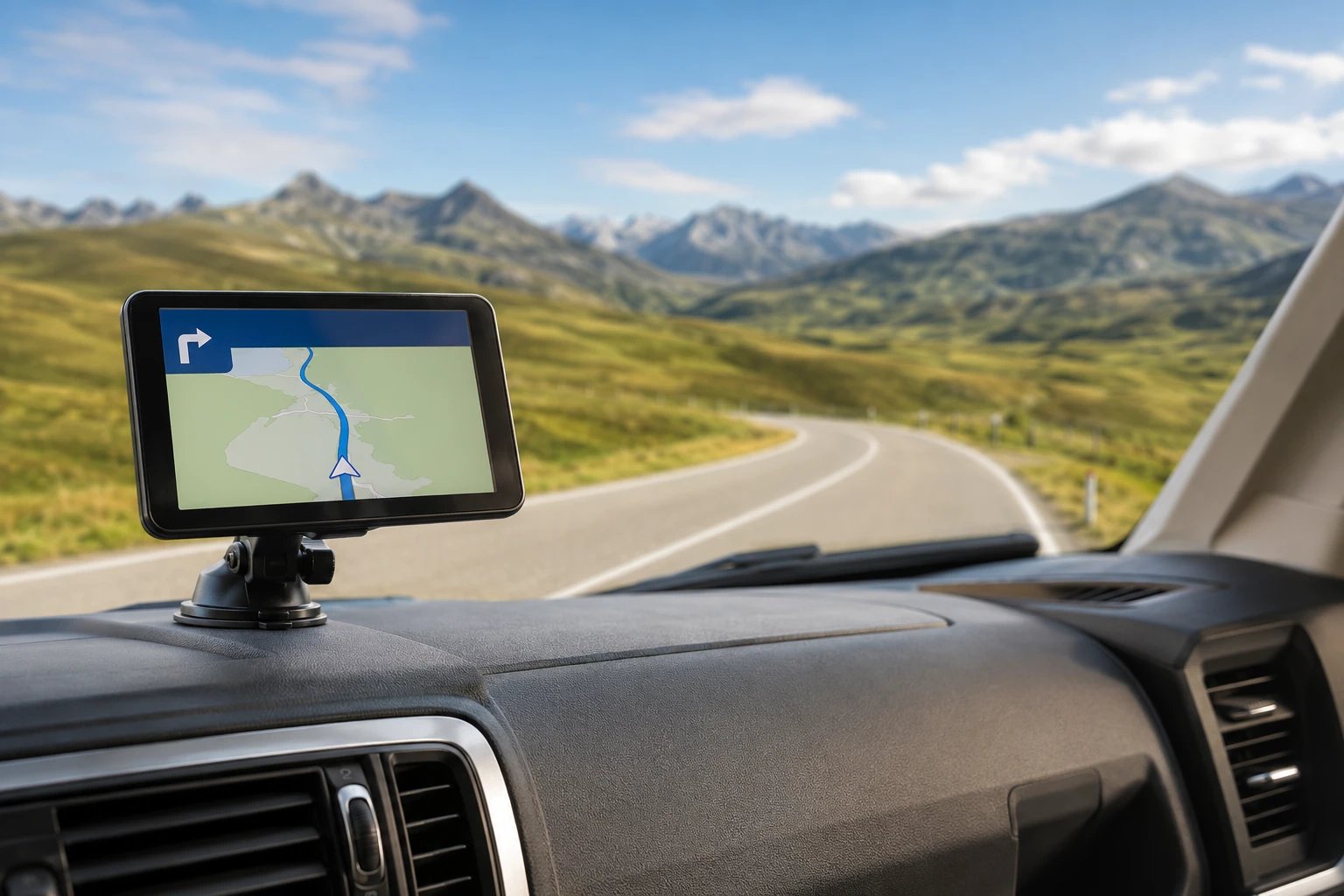 Ein Wohnmobil-Navi auf dem Armaturenbrett, das über eine malerische Bergstraße führt