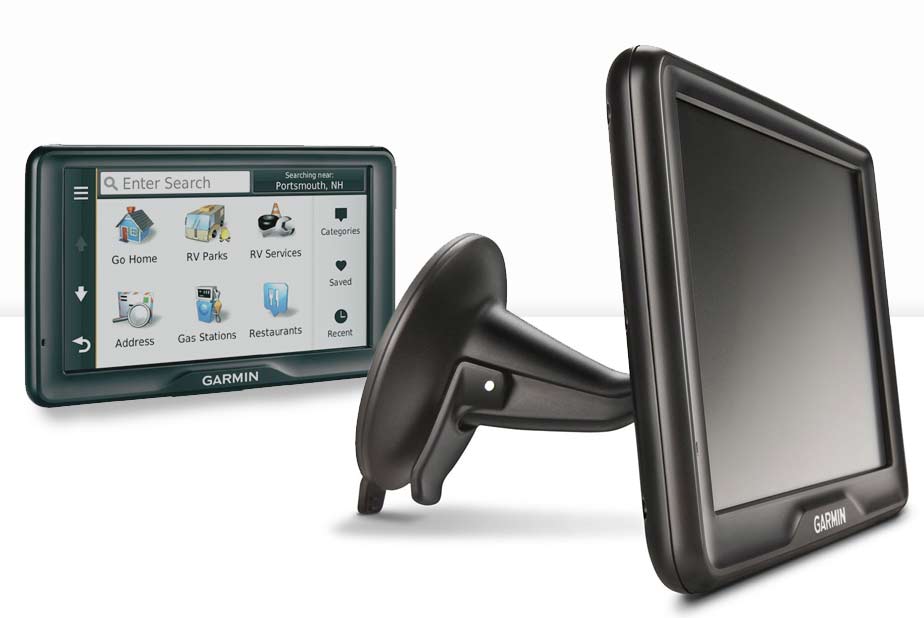 Close up of the Garmin 760LMTD and its suction cup mount, and the device displaying the home screen