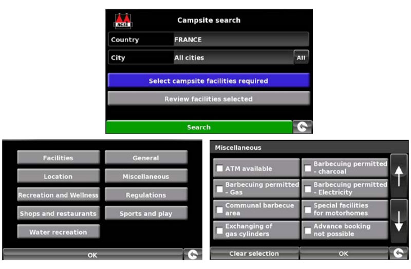 You can search campsites and camper stops based on different criteria such as campsite facilities on this motorhome and caravan satnav