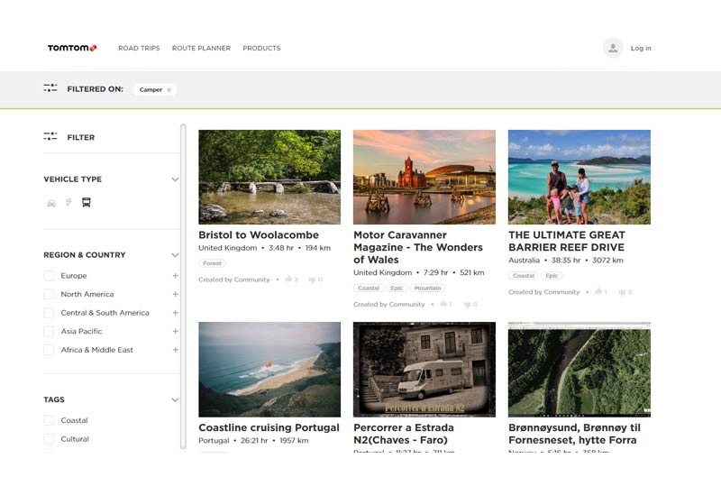 The Road Trips website allows you to find journeys created by TomTom or other users in the community. These can be filtered by vehicle type. In this picture, you can see we've filtered the trips to be suitable for Campers