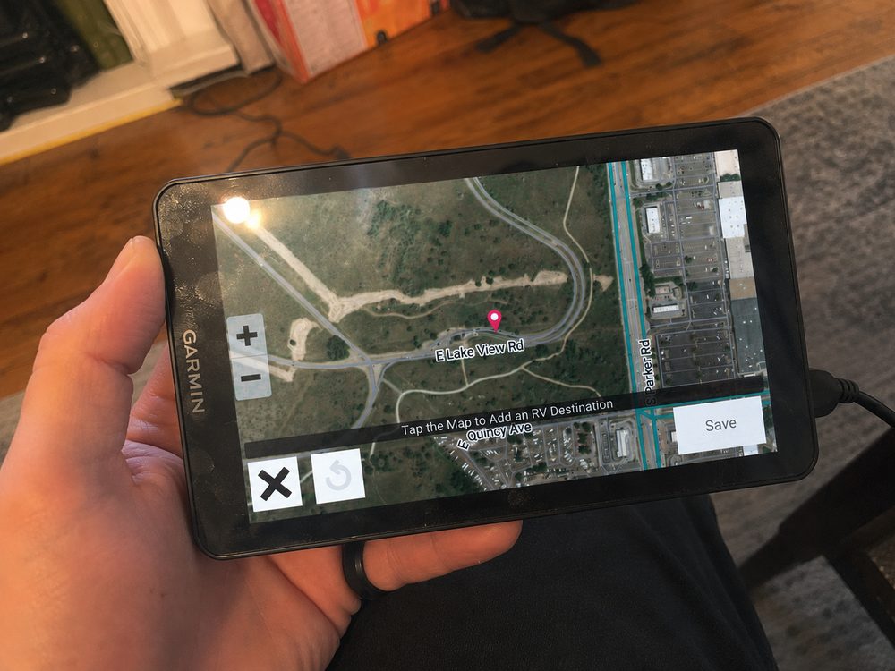 Aerial map view on the Garmin Camper 795 for dropping a destination